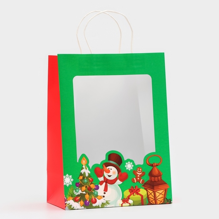 Пакет подарочный новогодний с окном Пакет подарочный новогодний с окном "Снеговик" 26 х 35 х 16 см.