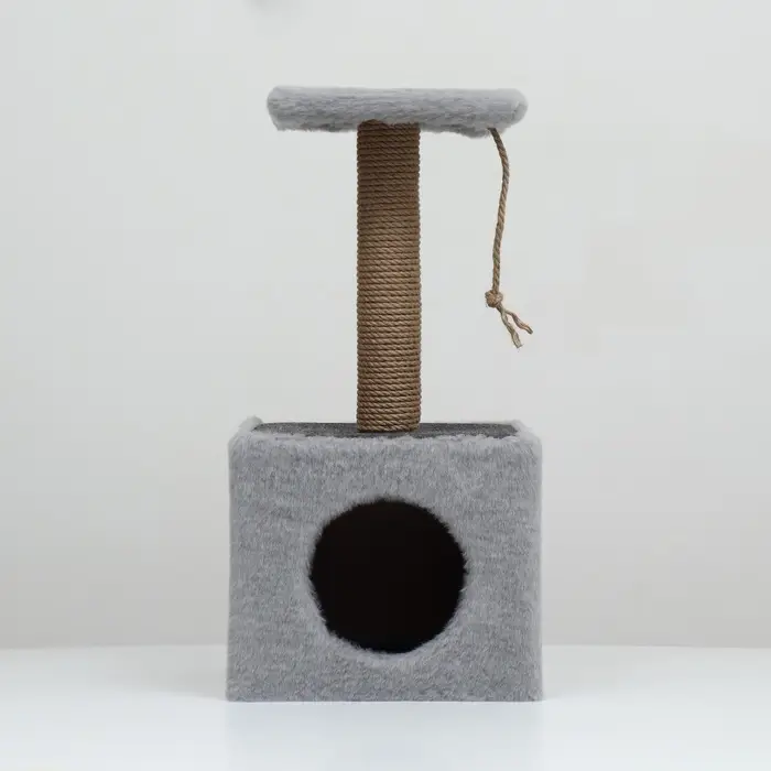 Домик для животных с когтеточкой, 32&times;32&times;64 см, с полкой, джут, серый