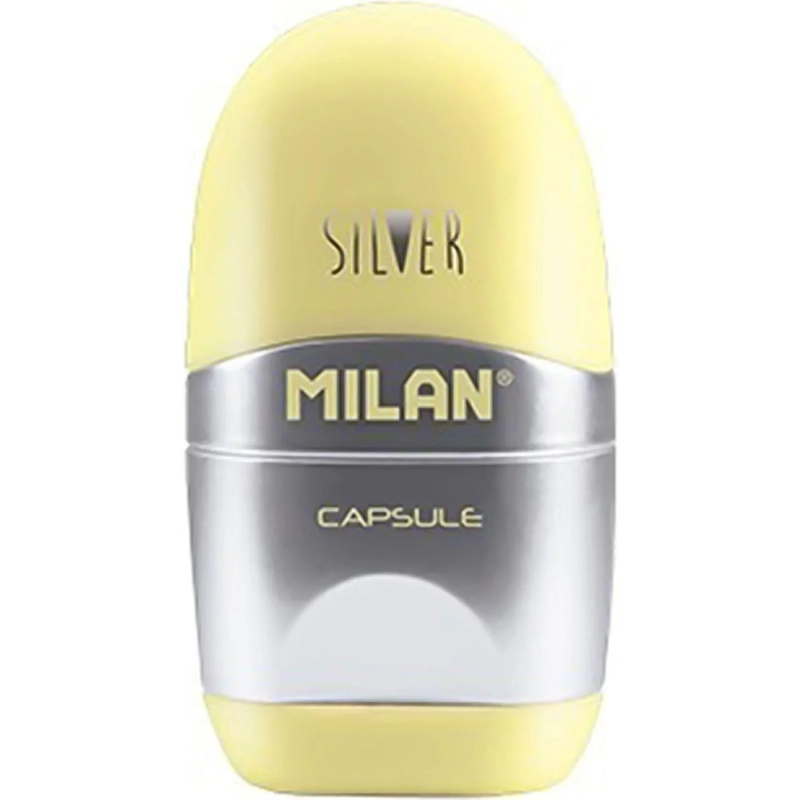 Ластик-точилка Milan CAPSULE SILVER+2 зап.ластика, цв в асс, блистBYM10356