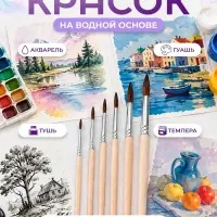 Кисти для рисования, белка, 6 штук: № 1, 2, 3, 4, 5, 6, Calligrata, круглые, деревянная ручка, международный размер
