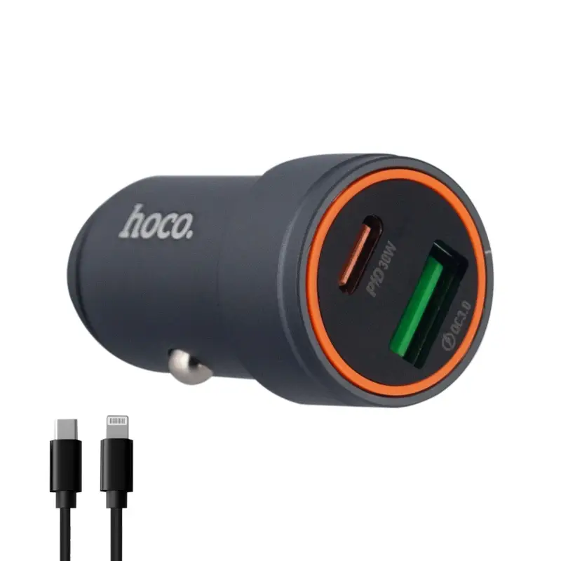 Автомобильное зарядное устройство с кабелем Type-C на Lightning PD30W + USB QC3.0 Z57A Hoco серый