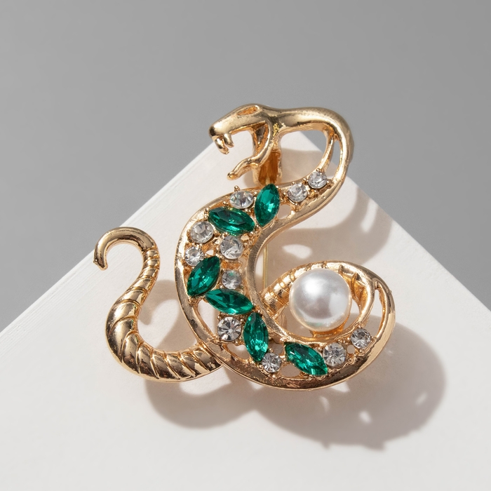 Новый год! Символ года 2025! Брошь  Новый год! Символ года 2025! Брошь "Змея" с жемчужиной, цвет бело-зелёный в золоте