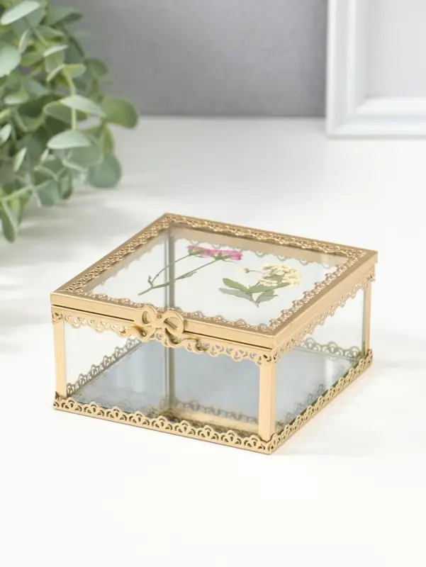 Шкатулка стекло с металлическим каркасом "Сухоцветы" квадрат 10х10,5х5,2 см