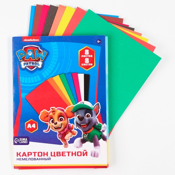 Картон цветной, А4, 8 листов, 8 цветов, немелованный, односторонний, в папке, 220 г/м², Щенячий патруль Картон цветной, А4, 8 листов, 8 цветов, немелованный, односторонний, в папке, 220 г/м², Щенячий патруль