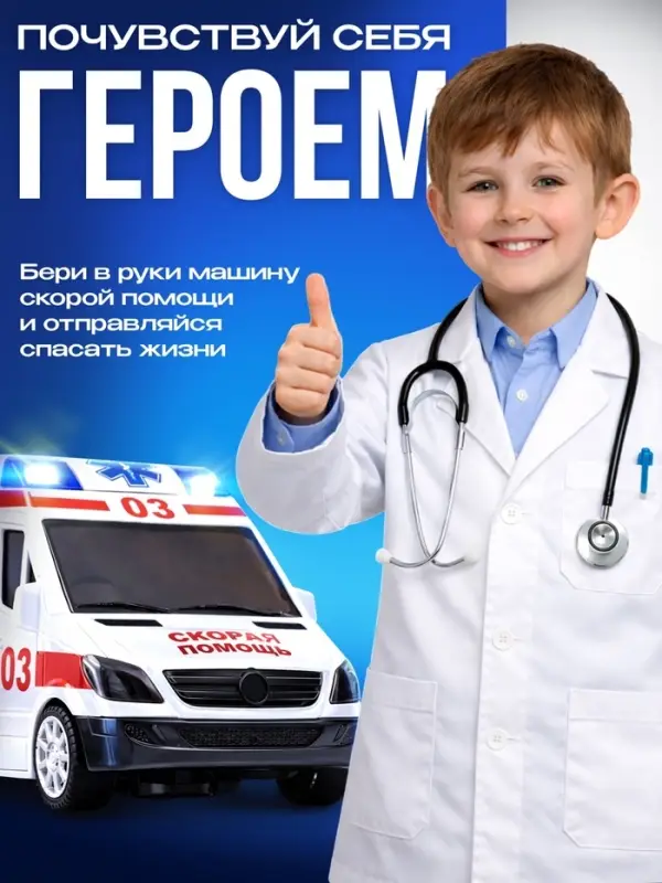 Машина &laquo;Скорая помощь&raquo;, русская озвучка, световые и звуковые эффекты, работает от батареек