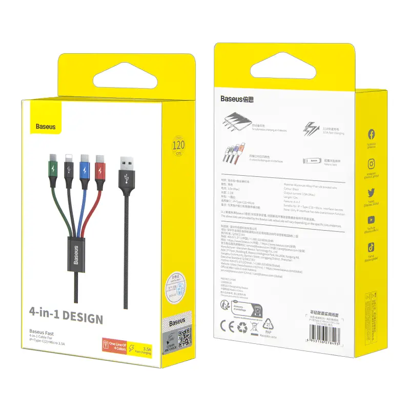 Кабель 4 в 1 Micro + Lightning + 2 Type-C 1.2m 3.5A Rapid series Baseus черный CA1T4-B01 Кабель 4 в 1 Micro + Lightning + 2 Type-C 1.2m 3.5A Rapid series Baseus черный CA1T4-B01