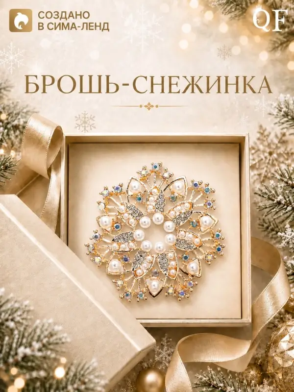 Брошь новогодняя с жемчугом &laquo;Снежинка&raquo;, белая в золоте
