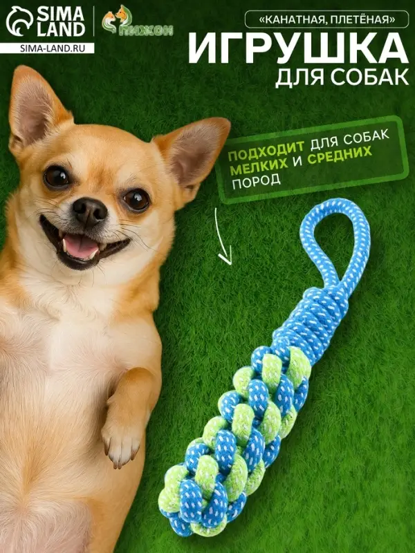 Игрушка канатная, плетёная с ручкой, 120 г, до 31 см, синяя, зелёная
