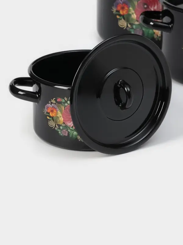 Набор кастрюль эмалированных &laquo;Жостово&raquo;, 3 шт.: 1.5 л, 2.9 л, 4.5 л, чёрный