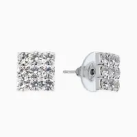 Серьги со стразами "Квадрат" 9*9мм, цвет белый в серебре