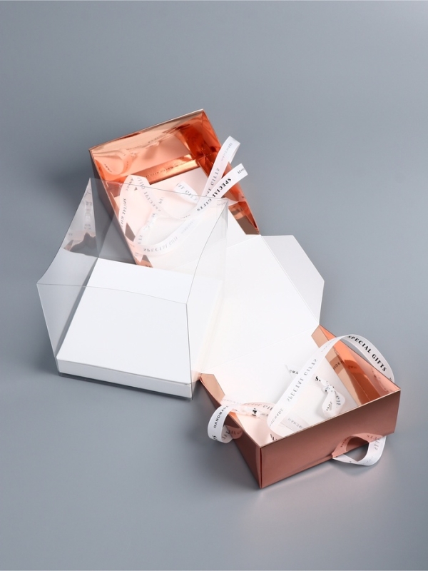 Коробка под бенто-торт с ленточками, ,розовое-золото  , 15,5 х 15,5 х 16 см