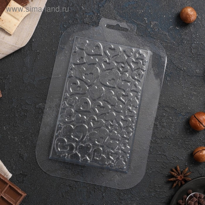 Форма для шоколада «Плитка в сердечках», пластик, прозрачная