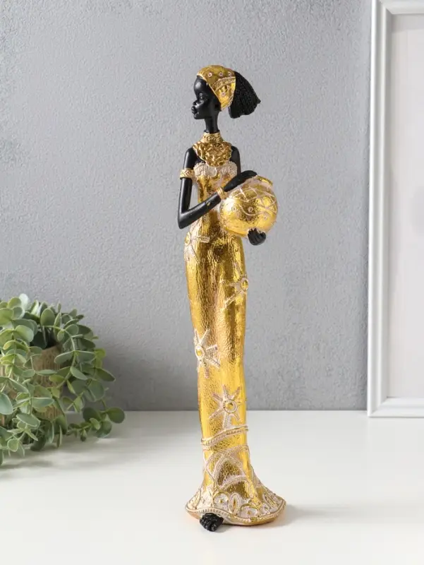 Сувенир полистоун "Африканка с кувшином, с повязкой в волосах" бело-золотой 9х8х37,5 см