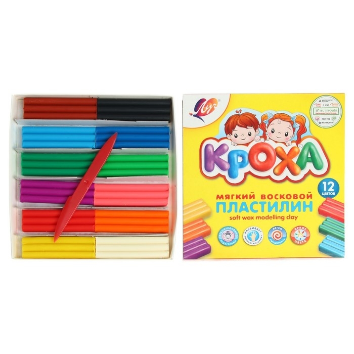Пластилин мягкий (восковой), 12 цветов, 180 г,  Пластилин мягкий (восковой), 12 цветов, 180 г, "Кроха", со стеком