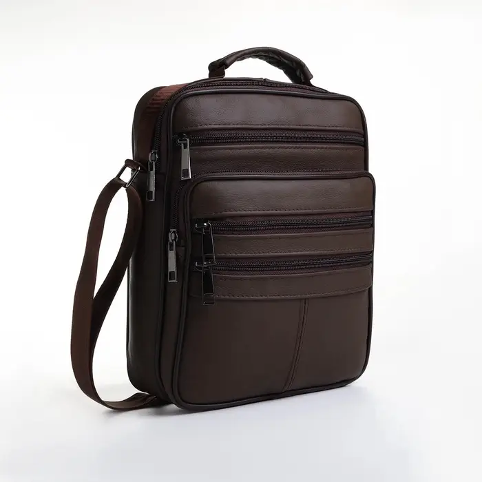 Сумка кросс-боди мужская на молнии, 5 наружных карманов, с ручкой, длинный ремень, 19&times;8.5&times;25 см, коричневая