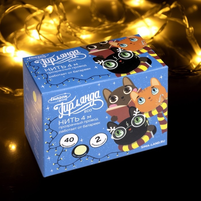 Гирлянда «Нить» 4 м, IP20, прозрачная нить, 40 LED, свечение тёплое белое, 2 режима, AAх3 Гирлянда «Нить» 4 м, IP20, прозрачная нить, 40 LED, свечение тёплое белое, 2 режима, AAх3