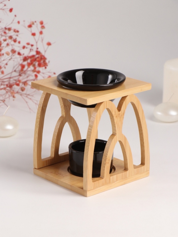 Аромалампа бамбук, керамика с подставкой под свечу Аромалампа бамбук, керамика с подставкой под свечу "Узоры" чёрная 9,5х9,5х13,5 см