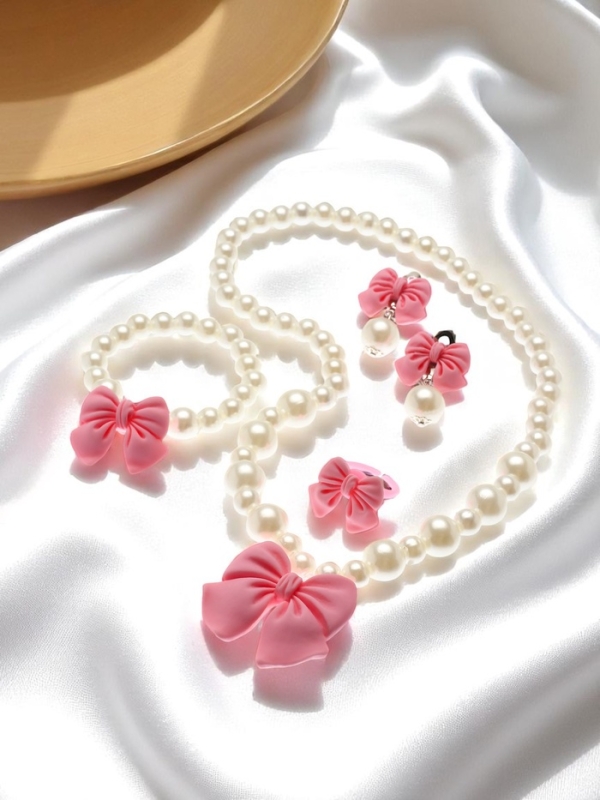 Набор детский Выбражулька «Бант», 4 предмета: кулон, браслет, кольцо, клипсы, бело-розовый Набор детский Выбражулька «Бант», 4 предмета: кулон, браслет, кольцо, клипсы, бело-розовый