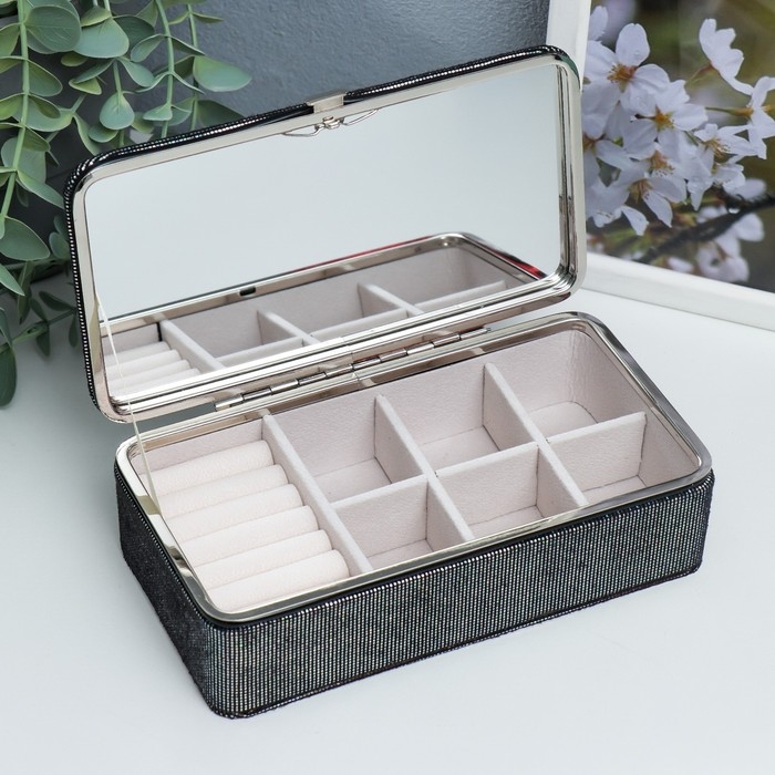 Шкатулка кожзам для украшений  Шкатулка кожзам для украшений "Мелкие квадратики. Чёрное серебро" 6х9,8х18,5 см