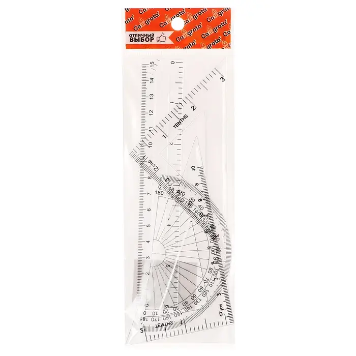 Набор чертежный 4 предмета (линейка 15 см, треугольник11 см/ 30*и 5 см/ 45*, транспортир) прозрачный Набор чертежный 4 предмета (линейка 15 см, треугольник11 см/ 30*и 5 см/ 45*, транспортир) прозрачный