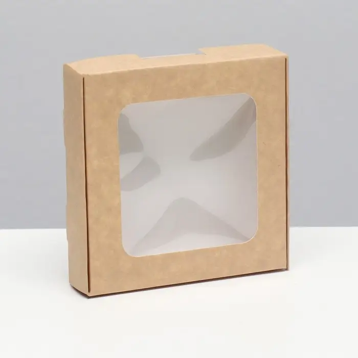 Коробка самосборная, крафт, с окном, 13&times;13&times;3 см