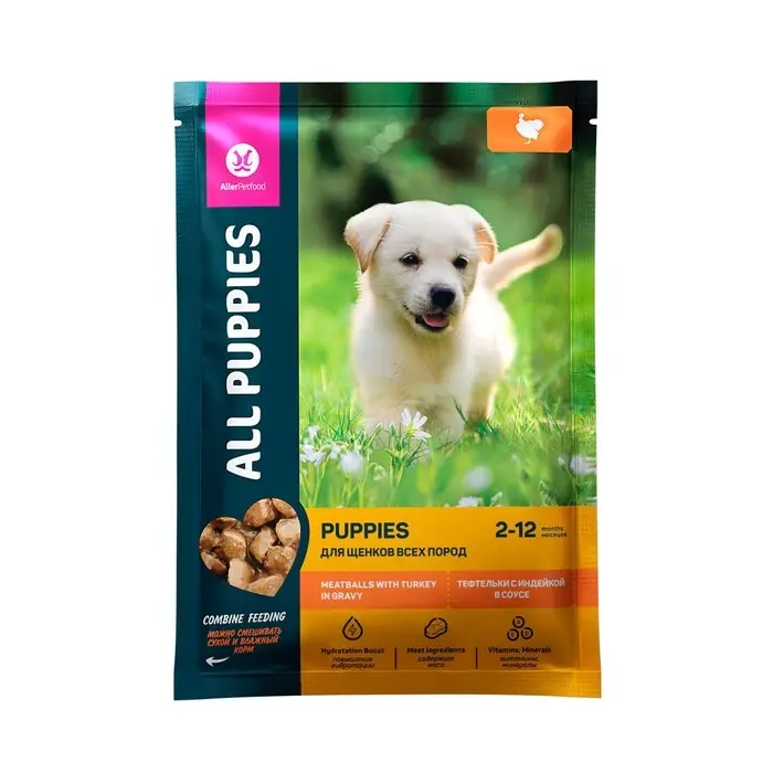 Влажный корм "ALL PUPPIES" для щенков, тефтельки с индейкой в соусе, пауч, 85 г