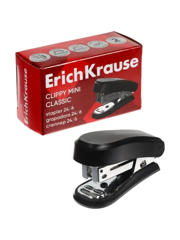 Степлер ErichKrause Clippy mini Classic, №24/6, 26/6, до 15 листов, чёрный