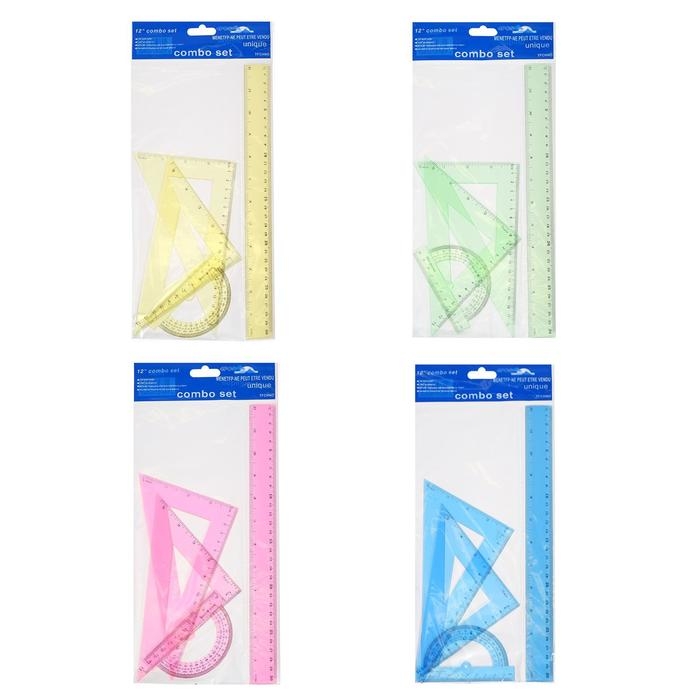 Набор чертёжный 4 предмета (линейка 30 см, угольник 19 см/ 30°, угольник 13 см/ 45°, транспортир) МИКС Набор чертёжный 4 предмета (линейка 30 см, угольник 19 см/ 30°, угольник 13 см/ 45°, транспортир) МИКС