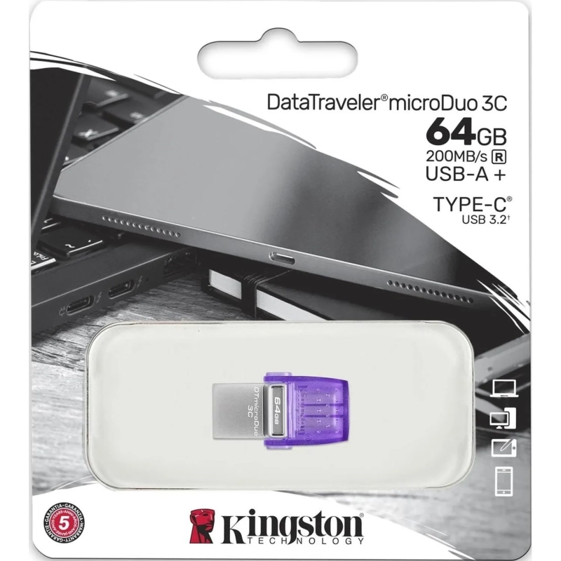 Флеш-память Kingston microDuo 3C, 64Gb, USB 3.1 G1, Type-C, DTDUO3CG3/64GB