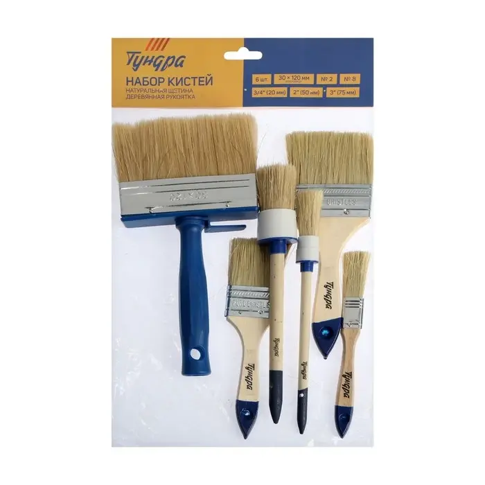 Набор кистей ТУНДРА, плоские 3/4", 2", 3", круглые №2, №8, макловица 30&times;120 мм, 6 шт.