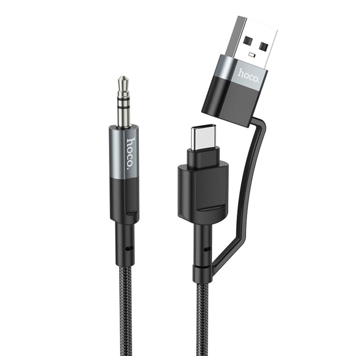 Кабель Hoco UPA23, 2 в 1, Type-C+USB - Jack 3.5 мм (m), 1 м, нейлон, серый Кабель Hoco UPA23, 2 в 1, Type-C+USB - Jack 3.5 мм (m), 1 м, нейлон, серый