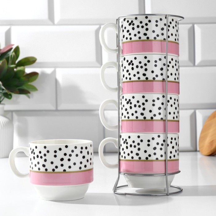Набор кружек из керамики «Горошек», 4 шт, 150 мл, на металлической подставке, цвет белый Набор кружек из керамики «Горошек», 4 шт, 150 мл, на металлической подставке, цвет белый