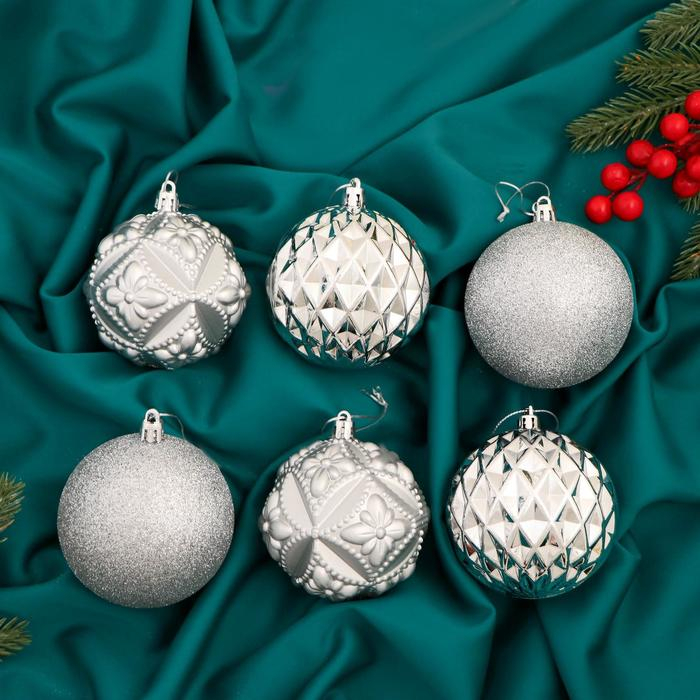 Набор шаров пластик d-8 см, 6 шт Набор шаров пластик d-8 см, 6 шт "Саманта" серебро