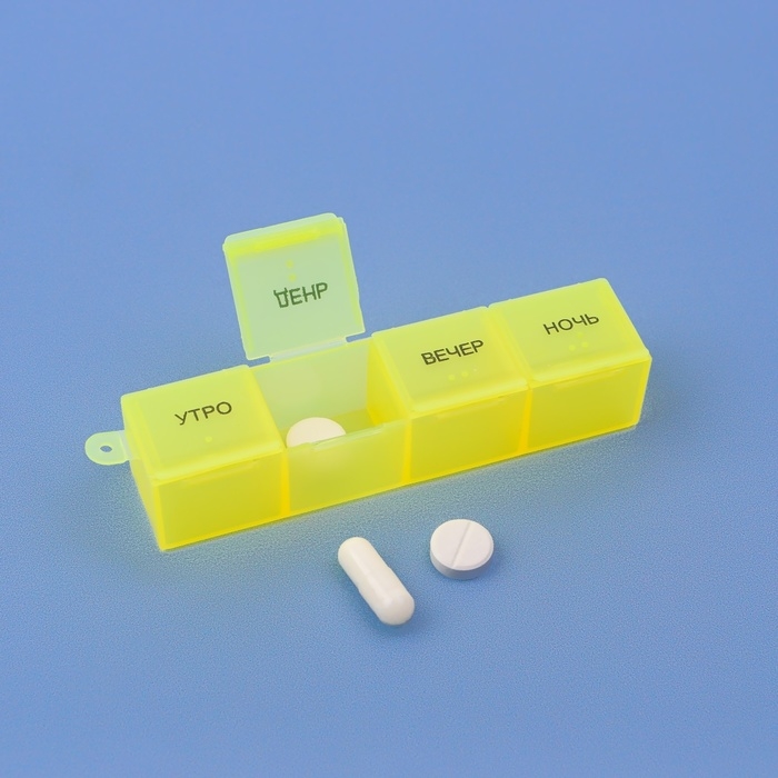 Таблетница - органайзер «Неделька», русские буквы, 18 × 11,5 × 2,5 см, утро/день/вечер/ночь, 7 контейнеров по 4 секции, цвет разноцветный Таблетница - органайзер «Неделька», русские буквы, 18 × 11,5 × 2,5 см, утро/день/вечер/ночь, 7 контейнеров по 4 секции, цвет разноцветный