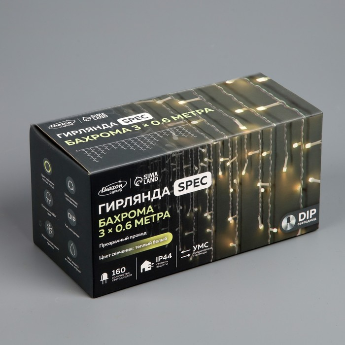 Гирлянда «Бахрома» 3 × 0.6 м, IP44, УМС, прозрачная нить, 160 LED, свечение тёплое белое, 220 В Гирлянда «Бахрома» 3 × 0.6 м, IP44, УМС, прозрачная нить, 160 LED, свечение тёплое белое, 220 В