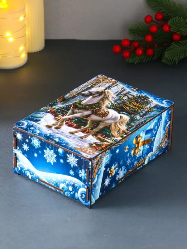 Шкатулка-ящик  самосборный малый с символом года  Шкатулка-ящик  самосборный малый с символом года "Белая лошадь на голубом",  20х13,6х8 см