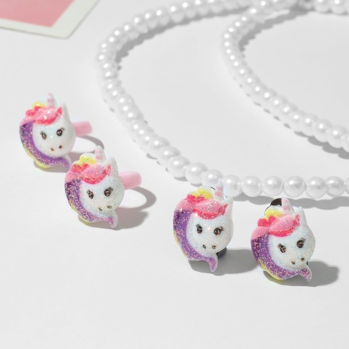 Набор детский 4 предмета: клипсы, бусы, браслет, кольцо «Единорожка», цветной Набор детский 4 предмета: клипсы, бусы, браслет, кольцо «Единорожка», цветной