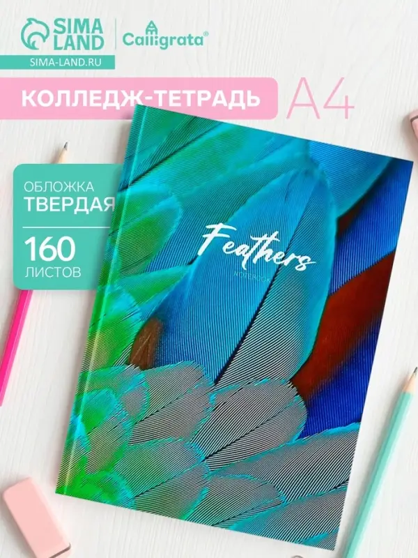 Колледж-тетрадь Calligrata TOP &laquo;Перья&raquo; А4, 160 листов, в клетку, в твёрдой обложке 7БЦ, матовая ламинация, выборочный лак
