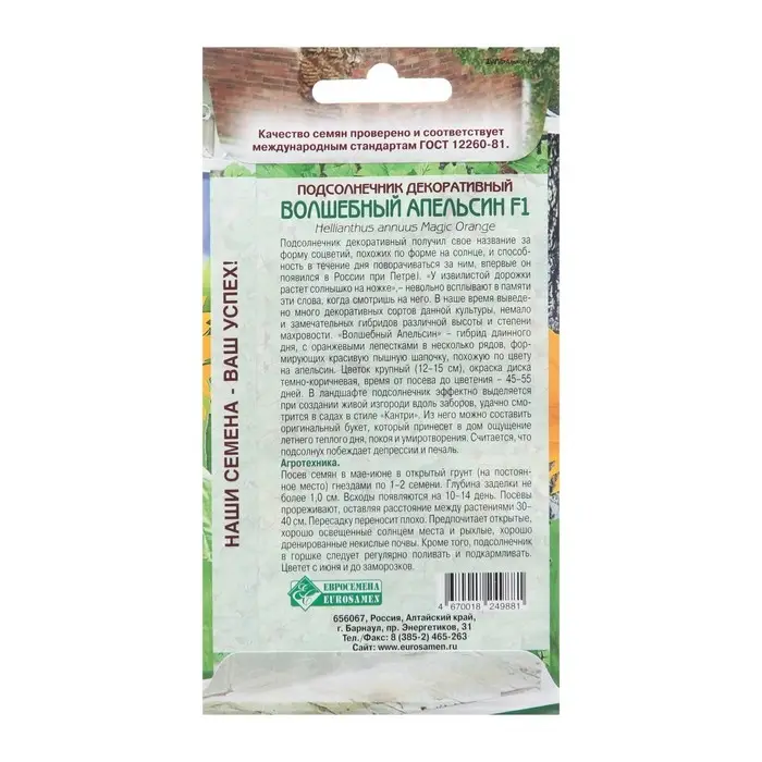 Семена Подсолнечник декоративный "Волшебный Апельсин",  5 шт Семена Подсолнечник декоративный "Волшебный Апельсин",  5 шт