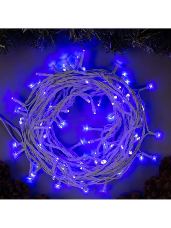 Гирлянда &laquo;Нить&raquo; 10 м, IP44, белая нить, 100 LED, свечение синее, 8 режимов, 220 В
