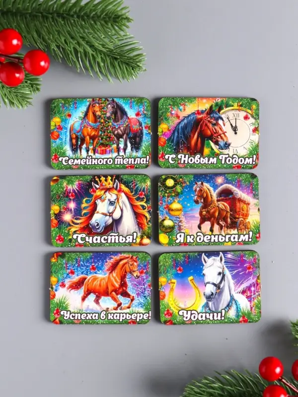 Набор магнитов на холодильник 6 шт. &laquo;Конь новогодний: Семейного тепла&raquo;, 6&times;4.5 см