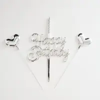 Топпер для торта Happy Birthday, серебряный с сердечками и свечкой