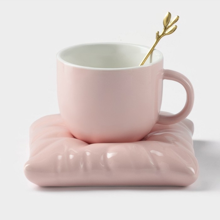 Чайная пара керамическая с ложкой «Зефирка», 2 предмета: чашка 250 мл, блюдце d=13 см, цвет розовый Чайная пара керамическая с ложкой «Зефирка», 2 предмета: чашка 250 мл, блюдце d=13 см, цвет розовый
