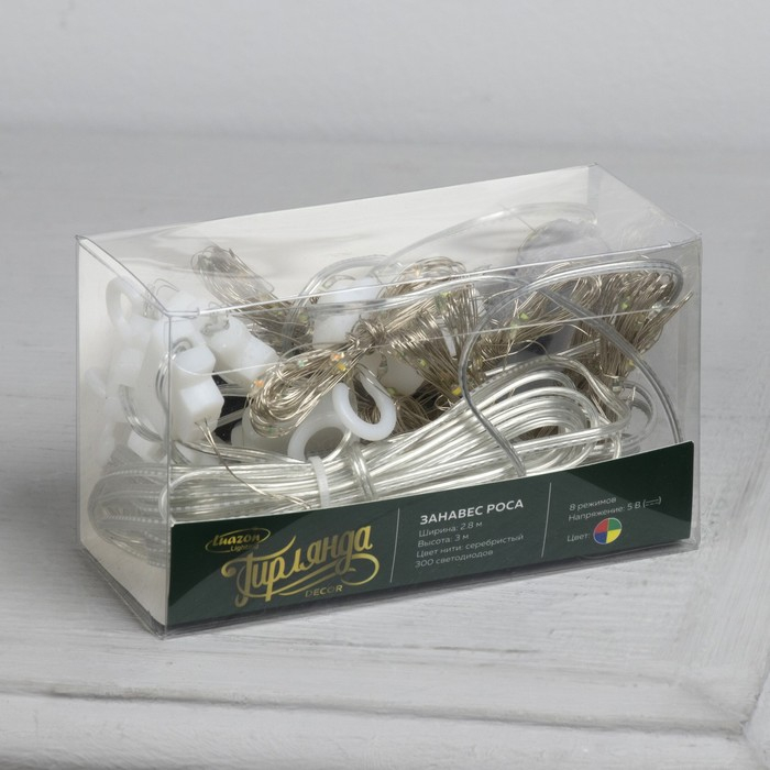 Гирлянда «Занавес» 2.8 × 3 м роса на крючках, с пультом, IP20, серебристая нить, 300 LED, свечение мульти, 8 режимов, USB Гирлянда «Занавес» 2.8 × 3 м роса на крючках, с пультом, IP20, серебристая нить, 300 LED, свечение мульти, 8 режимов, USB