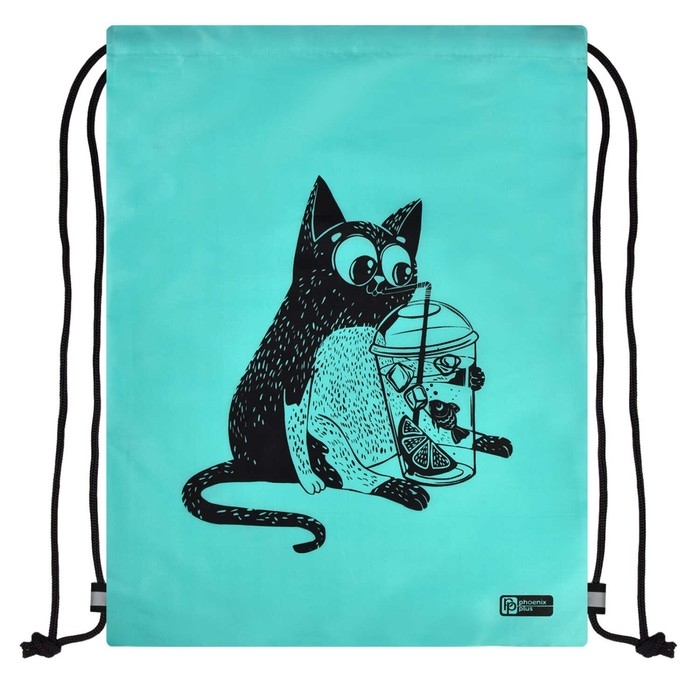 Мешок для обуви 420 х 340 мм, шелкография, Феникс  Мешок для обуви 420 х 340 мм, шелкография, Феникс "Кот с лимонадом" бирюзовый 62501