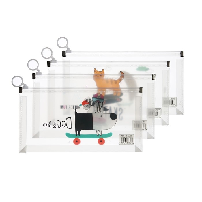 Папка-конверт на молнии формат А6, 180мкр, с рисунком Папка-конверт на молнии формат А6, 180мкр, с рисунком"Звери на скейтборде и сноуборде", МИКС