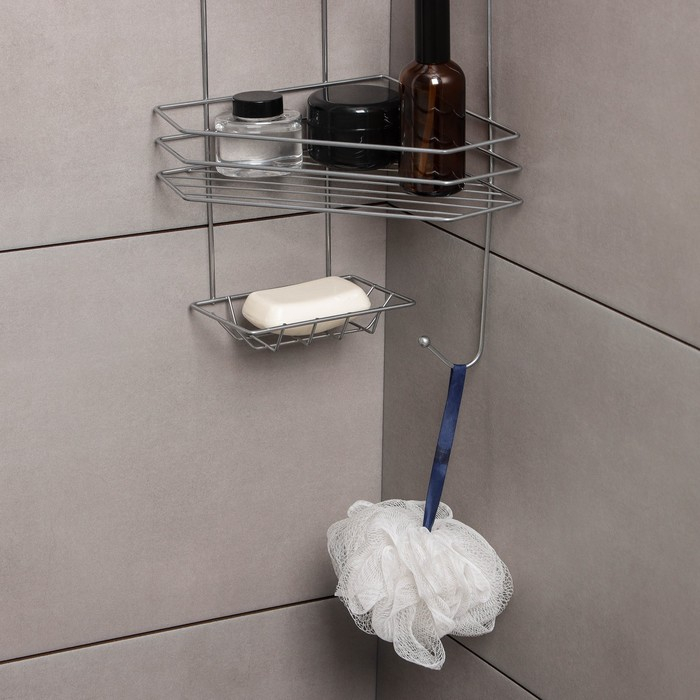 Полка угловая с мыльницей и вешалкой 2-х ярусная, 25,5×42,5 см, цвет хром