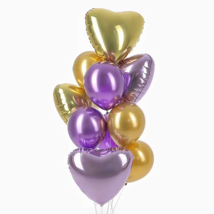 Набор воздушных шаров &laquo;Сиреневые и жёлтые сердца&raquo;, фольга, латекс, 10 шт.