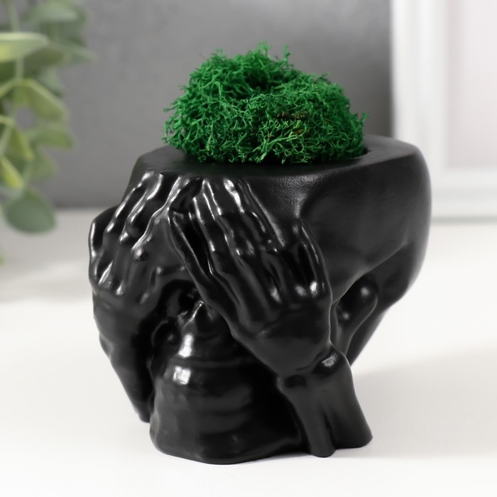 Кашпо бетонное  Кашпо бетонное "Череп Прятки" со мхом 7х10 см черный (мох зеленый стабилизированный)