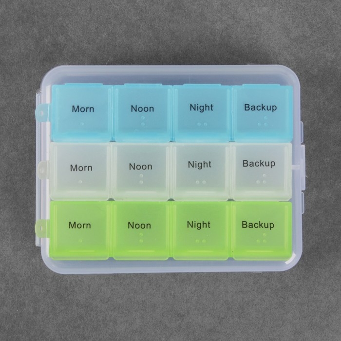 Таблетница - органайзер, английские буквы, утро/день/вечер/ночь, 3 контейнера по 4 секции, цвет МИКС Таблетница - органайзер, английские буквы, утро/день/вечер/ночь, 3 контейнера по 4 секции, цвет МИКС